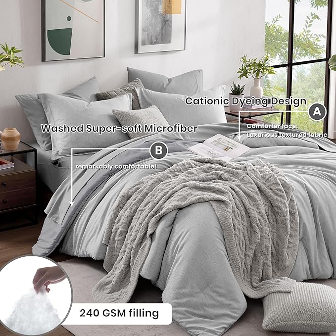 Monbix Queen Comforter Set - 7 Pieces Cationic Dyeing Light Grey Bed in a Bag Queen Bedding Sets with Comforter, Sheets, Pillowcases & Shams, Reversible Bedding Comforters Sets-Ruum Studio Home