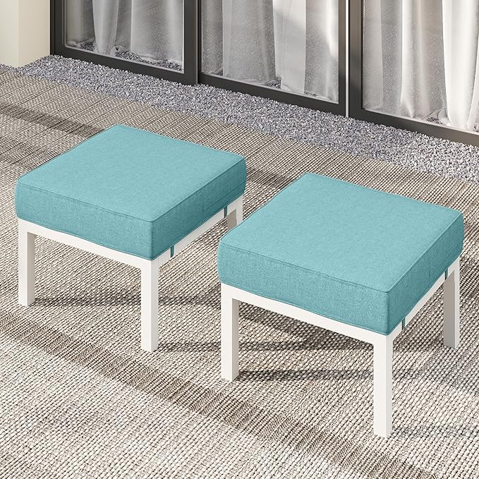Solaste Outdoor Footstools Patio Ottoman Set of 2, Aluminum All-Weather Outdoor Footrest Seat with Removable Cushions, Patio Furniture Ottomans for Garden, Backyard, Poolside-White-Ruum Studio Home