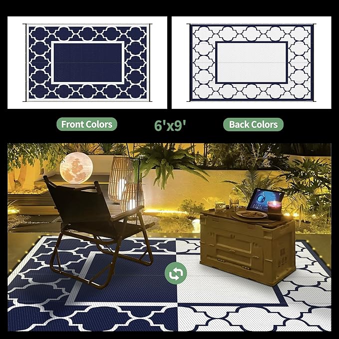GENIMO 6' x 9' Outdoor Rug Waterproof for Patio Decor, Foldable Reversible Plastic Straw Area Rugs Mat with String Light, Led Carpet for Camper, Rv, Deck, Porch, Picnic, Beach, Balcony, Blue & White-Ruum Studio Home