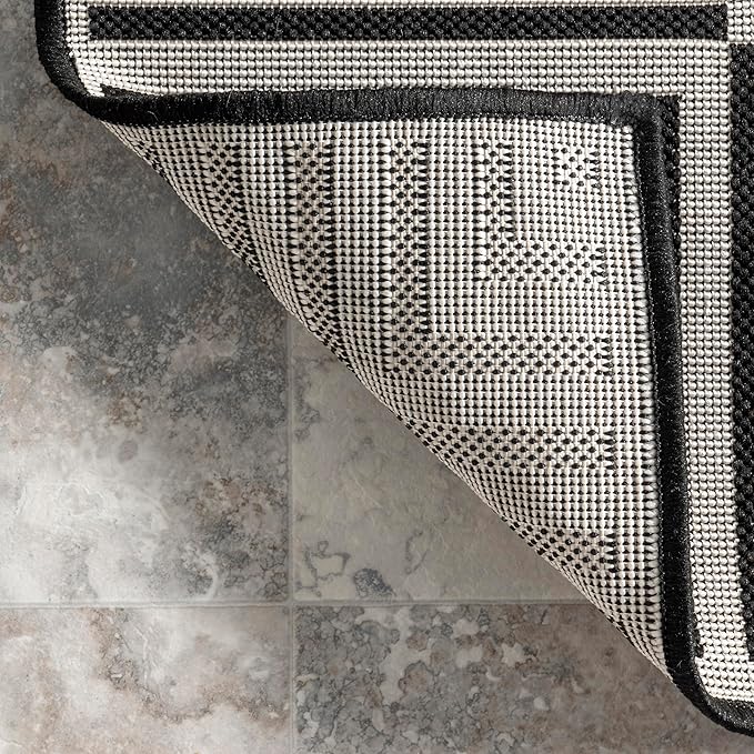 nuLOOM 5' x 8' Outdoor Area Rug, Casual Design With Striped Border, Stain Resistant, Highly Durable, For Patio, Balcony, Bedroom, Living Room, Dining Room, Bathroom, Black-Ruum Studio Home