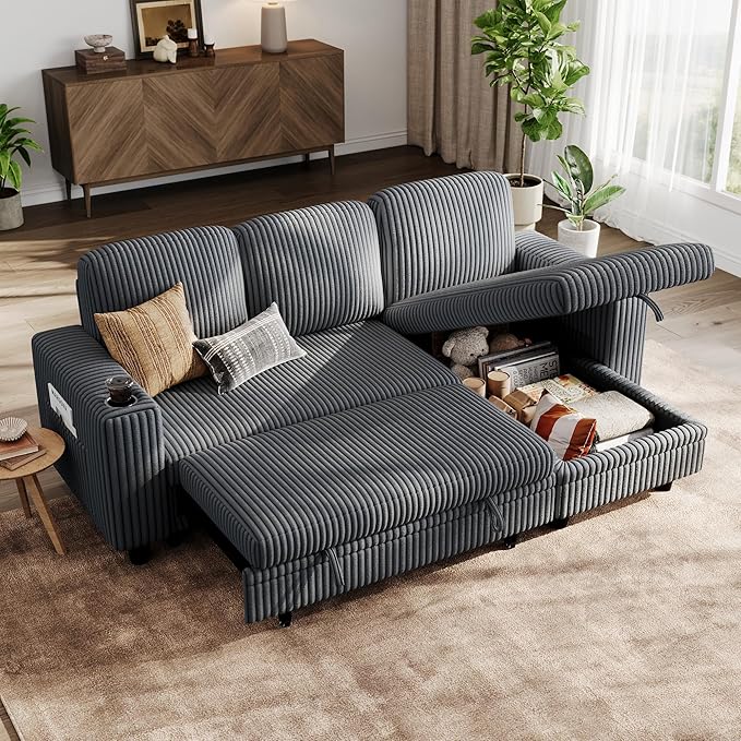 LINSY HOME Sectional Sleeper Sofa with Pull Out Couch Bed Convertible Plush Corduroy Cloud Couch with Storage Chaise & USB Charging, Comfy L Shaped Modular Couches for Living Room Apartment (Grey)-Ruum Studio Home