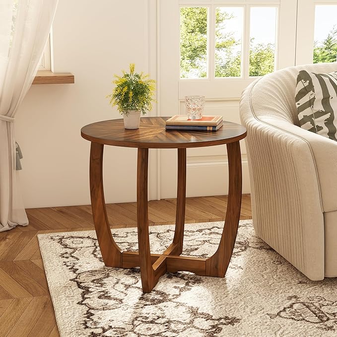 PADMA HOUSE Round Wood End Table with Curved Legs, Drum Circle Side Table with Snowflake Tabletop, Rounded Wooden Sofa Side Table, Brown Walnut Wood Tabletop & Legs 23.6" x 21.7"-Ruum Studio Home