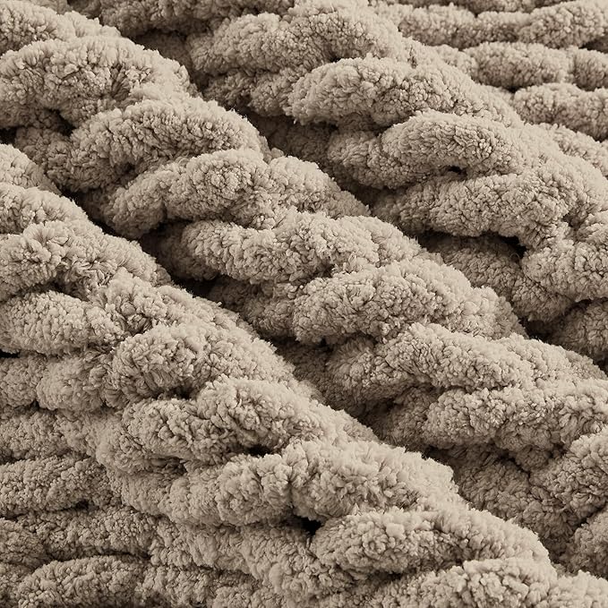 Carriediosa Chunky Knit Throw Blanket 60" X 80" Twin, 100% Hand Made Large Chenille Loop Yarn Soft Fluffy Throws for Couch Sofa Bed, Big Crochet Cozy Heavy Thick Cable Woven Blankets, Taupe-Ruum Studio Home