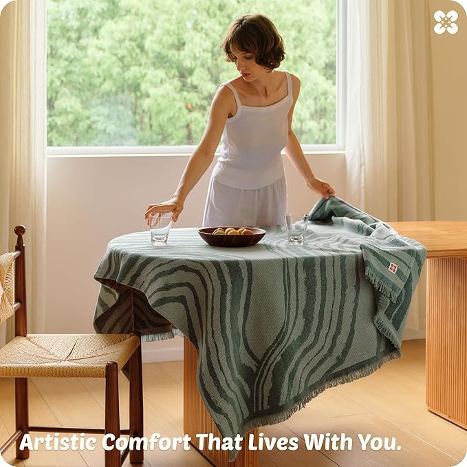 Bedsure 100% Cotton Throw Blanket for Couch - Chenille Woven Textured Blanket Gifts for Women, Cozy and Soft for All Seasons, Home Decor Boho Throw for Bed, Sofa, Aqua Gray, 50x60 Inches-Ruum Studio Home