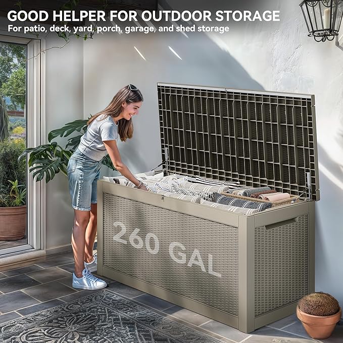 YITAHOME 260 Gallon XXL Large Deck Box, Outdoor Resin Storage Box, Lockable Storage Container for Patio Cushions, Furniture, Garden Tools, Water Resistant (Brown)-Ruum Studio Home