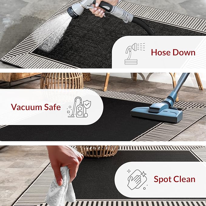 nuLOOM 5' x 8' Outdoor Area Rug, Casual Design With Striped Border, Stain Resistant, Highly Durable, For Patio, Balcony, Bedroom, Living Room, Dining Room, Bathroom, Black-Ruum Studio Home
