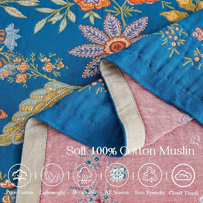 Fall Throw Blanket for Couch, Blue Boho Decorative Throw Blanket, 100% Cotton Muslin Breathable Woven Farmhouse Blankets Quilt, 60"x80" Reversible Lightweight Blankets Bohemian Throw Quilt-Ruum Studio Home