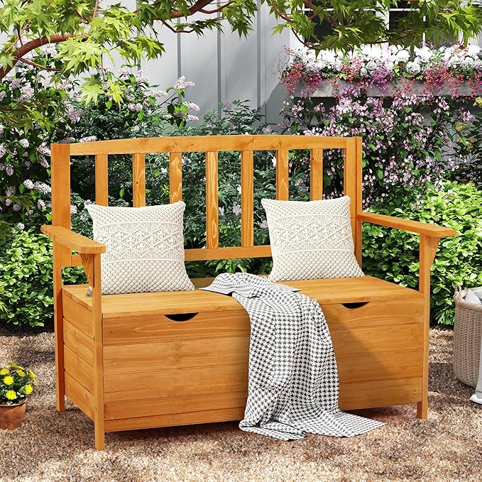 AVAWING Outdoor Storage Bench, Wooden Garden Bench Weatherproof, Patio Benches for Outside, 2-Seat Front Porch Bench, Park Bench for Deck, Lawn, Backyard (Yellow)-Ruum Studio Home