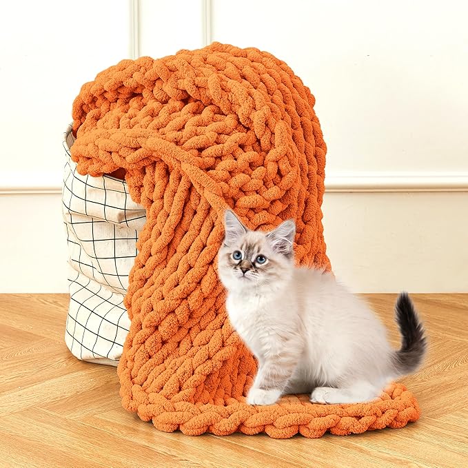 Admitrack Chunky Knit Blanket Throw, 100% Hand Knit Chenille Throw Blanket for Sofa & Home Decor, Soft and Cozy Knitted Throw Blankets (Orange, 51"x63")-Ruum Studio Home