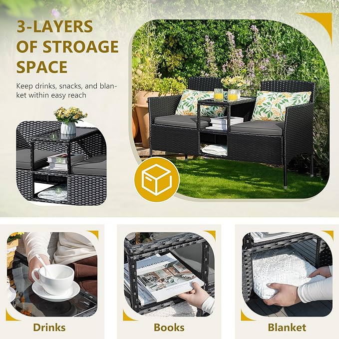 Flamaker Outdoor Furniture Patio Loveseat Wicker 2-Seat with Built-in Table and Cushions Rattan Porch Chairs Bench for Balcony, Lawn, Backyard (Grey)-Ruum Studio Home