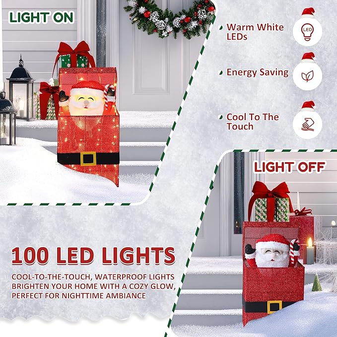 Light Up Electric Santa Claus Decor with 100 LED Lights, 3D Pre-Lit Animated Santa Claus for Xmas Decoration, 14.17" L x 10" W x 26.97" H Freestanding Glittered Display for Outdoor, Indoor-Ruum Studio Home