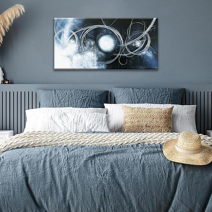 TAIJXAGSG Canvas Wall Art Decor Artwork Modern Paintings Dark Blue Wall Decorations Maximalist White Line Abstract Wall Art Prints For Wall Bedroom Kitchen Office Artwork Ready To Hang 20"×40"-Ruum Studio Home