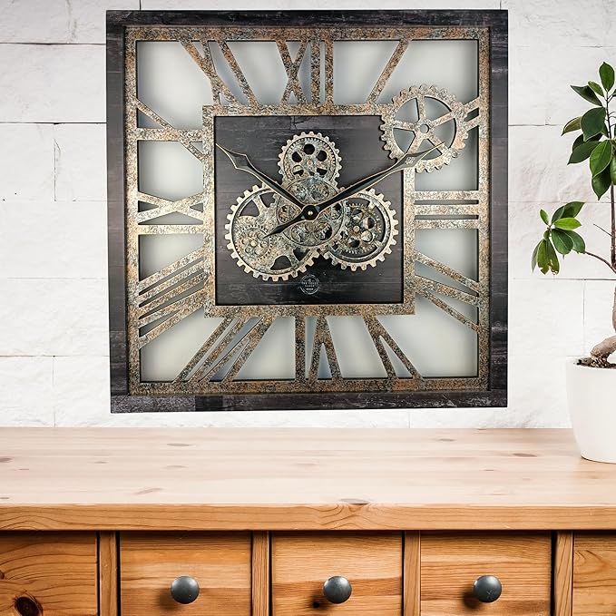 The Gears Clock 24'' Inch Square Real Moving Gear Wall Clock Vintage Industrial Oversized Rustic Farmhouse (Vintage Black)-Ruum Studio Home