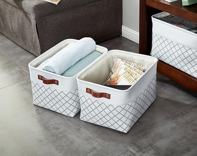 DECOMOMO White Storage Bins Fabric Storage Baskets for Shelves, Linen Closet Organization Toys Nursery (White Check, Large - 3 Pack)-Ruum Studio Home