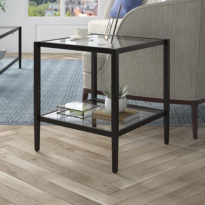 Henn&Hart 20" Wide Square Side Table with Glass Shelf in Blackened Bronze, Table for Living Room, Bedroom-Ruum Studio Home