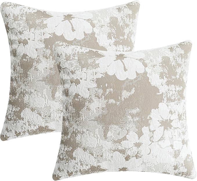 Jacquard Throw Pillow Covers 18x18 Inch Set of 2 - Vintage Floral Boho Pillow Cases with Botanical Pattern | Farmhouse Decor for Couch | Soft Textured Neutral Trio Light Khaki Warm Beige 18" x 18"-Ruum Studio Home
