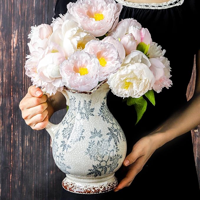 Enra Large Vintage Blue and White and Pitcher for Home Decor, 9.7 Inch Rustic Chinoiserie Decorative Vases, Green and Beige Ceramic Vases for Living Room, Kitchen, Office – Large Vases for Decor-Ruum Studio Home