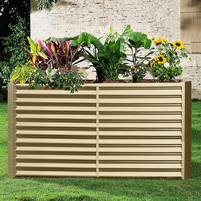 Land Guard 8x4x3ft Rectangular Galvanized Raised Garden Beds, Large-Capacity Metal Planter Box Outdoor, Durable Deep Raised Garden Bed 3ft Tall, Raised Beds for Gardening Vegetables, Cream Yellow-Ruum Studio Home