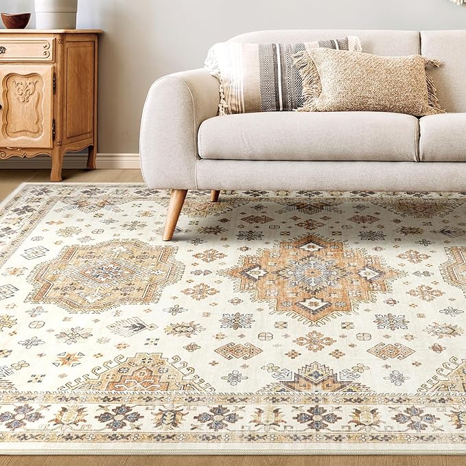 Washable Area Rugs for Living Room - 7x9 Neutral Vintage Distressed Floral Farmhouse Boho Large Soft Floor Rug Indoor Non Slip Carpet for Living Room Bedroom Dining Room Office - Orange/Yellow/Beige-Ruum Studio Home