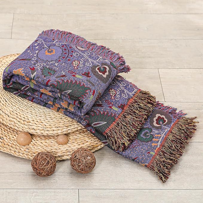 Boho Fall Throw Blanket for Bed Purple Flowers，100% Ultra Cotton Soft Breathable Bed Throw Floral Printed Farmhouse Decor Rustic Bed Throws for Couch Sofa Quilt 90" x 98"-Ruum Studio Home