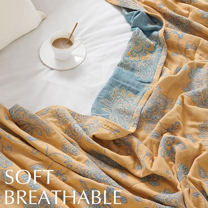 jinchan Boho 100% Cotton Muslin Queen Size 80x90 Inches Blanket Lightweight 4-Layer Quilted Soft Yellow and Blue Floral Throw Blanket Reversible Comfy Flower Rustic All Seasons Couch Bedroom Decor-Ruum Studio Home