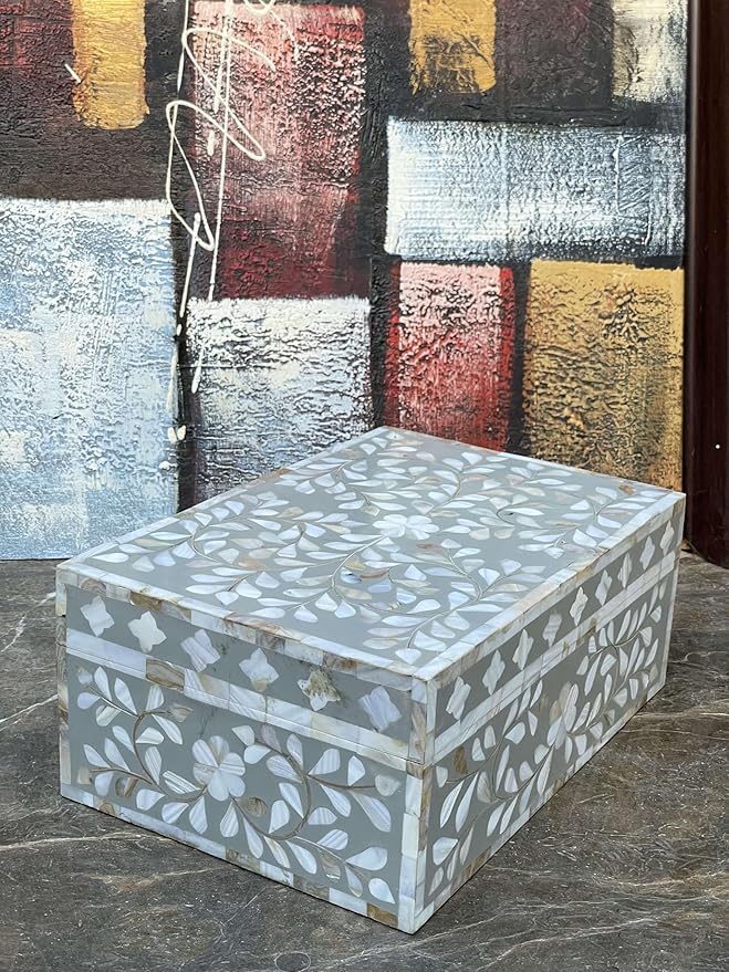 Decorative Wooden Storage Box with Mother of Pearl Inlay – Elegant Floral Design – Perfect for Home Décor in Living Room, Dining Area, or Bedroom (Grey, 12x8x5 inches)-Ruum Studio Home