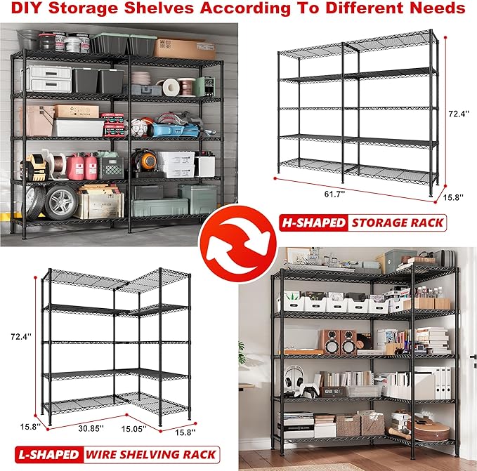 REIBII 5-Tier Heavy Duty Metal Wire Shelves, Industrial Style, 61.7"W x 72.4"H x 15.8"D, 1500 LBS Capacity, Adjustable, Rust Resistant, 2 Pack-Ruum Studio Home