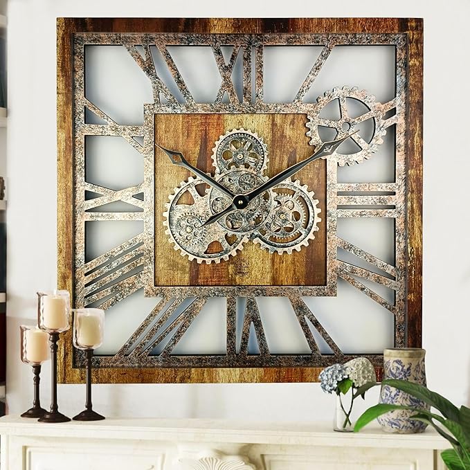 The Gears Clock 24'' Inch Square Real Moving Gear Wall Clock Vintage Industrial Oversized Rustic Farmhouse (Vintage Brown)-Ruum Studio Home
