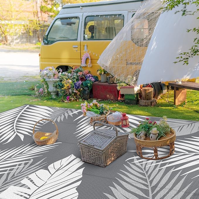 GENIMO Outdoor Rug 9' x 18' Waterproof for Patios Clearance, Reversible, Plastic Straw Camping Rug Carpet, Large Area Rugs Mats for RV, Picnic, Backyard, Deck, Balcony, Porch, Beach, Grey&White-Ruum Studio Home