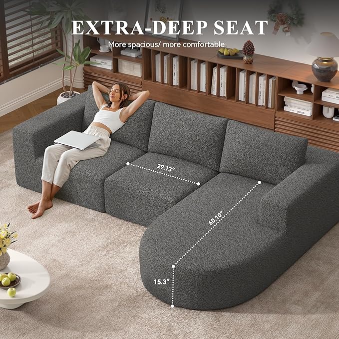 Modular Sectional Sofa with L-Shape Chaise,Cloud Sectional Modern Sleeper Couch with Deep Seat,Sponge Compression Sofas No Assembly Required(Gray-Corduroy Fabric) 1PCS-Ruum Studio Home