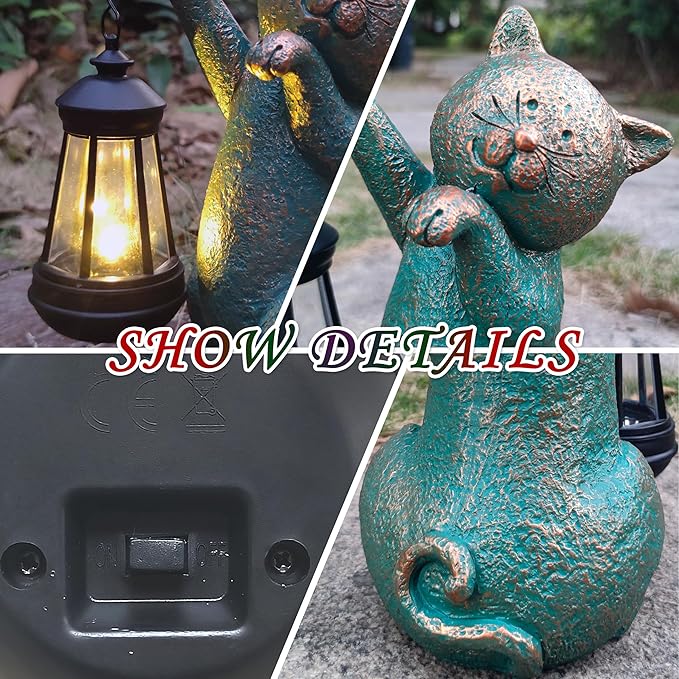 JOYBEE Garden Statues Cat with Solar Lantern Outdoor Decor-Cat Solar Figurines Lights Decorations for Patio Yard Lawn Ornaments-Gifts for Birthday Easter Housewarming-Ruum Studio Home
