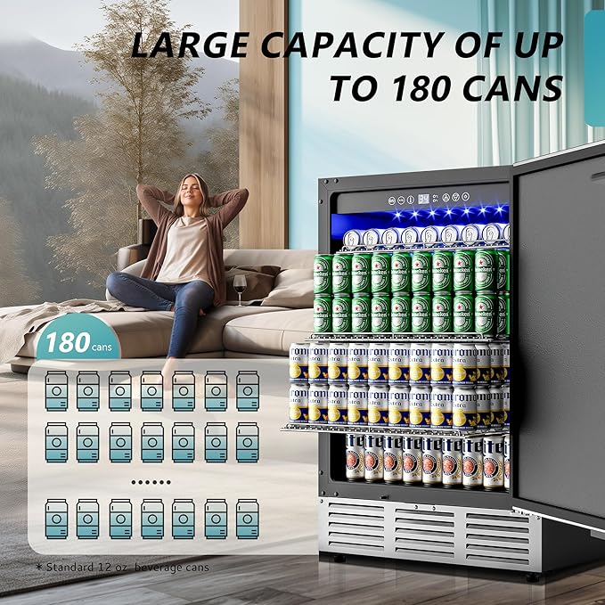 EUHOMY 24 Inch Beverage Refrigerator, Built-in and Freestanding Beverage Cooler 180 Can, Under Counter Beverage Fridge with Stainless Steel Door, Outdoor Refrigerator for Soda, Beer, Wine-Ruum Studio Home