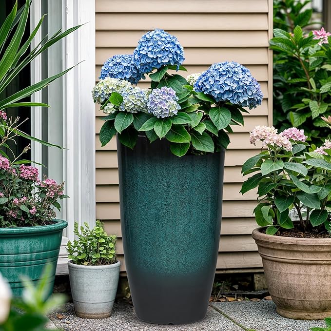 Tall Outdoor Planters, Set of 2 Large Flower Pots for Outdoor Plants, with Gradient Turquoise Finish, Weather-Resistant for Porch, Garden, Patio-Ruum Studio Home