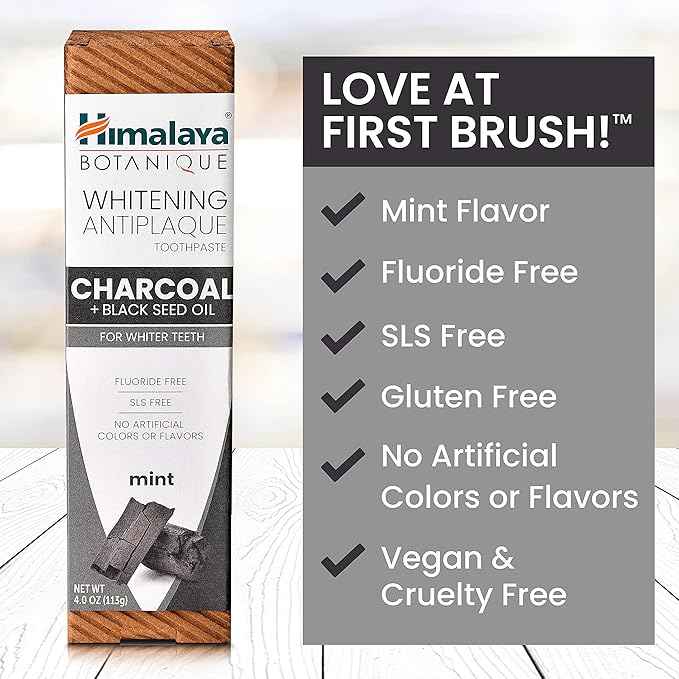 Himalaya Botanique Whitening Antiplaque Toothpaste with Charcoal + Black Seed Oil, Fluoride Free, for Whiter Teeth, 4 oz, 2 Pack…-Ruum Studio Home