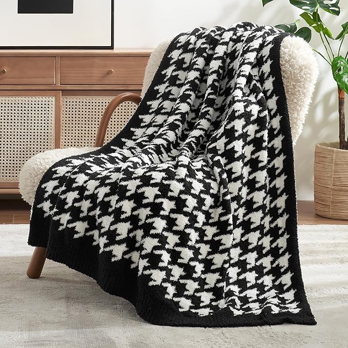 Snuggle Sac Houndstooth Throw Blanket for Couch, Reversible Super Soft Warm Blankets Cozy Knit Fuzzy Plush Lightweight Throws for Sofa, Bed, Camping, Black,50x60 inches-Ruum Studio Home