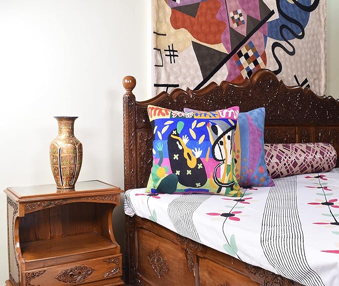 Matisse Decorative Pillow Cover - Music Modern Chair Cushion| Modern Farmhouse Pillows | Flower Outdoor Pillow | Mid Century Chair Cushions |Hand Embroidered Wool Size 18x18-Ruum Studio Home