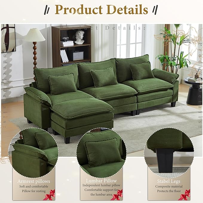 URRED Modular Sectional Sofa Comfy Cloud Couch, Modern Corduroy Sofa Sleeper Deep Seat Couches with Ottoman/Pillows for Living Room (Green, 117''- L Shape)-Ruum Studio Home