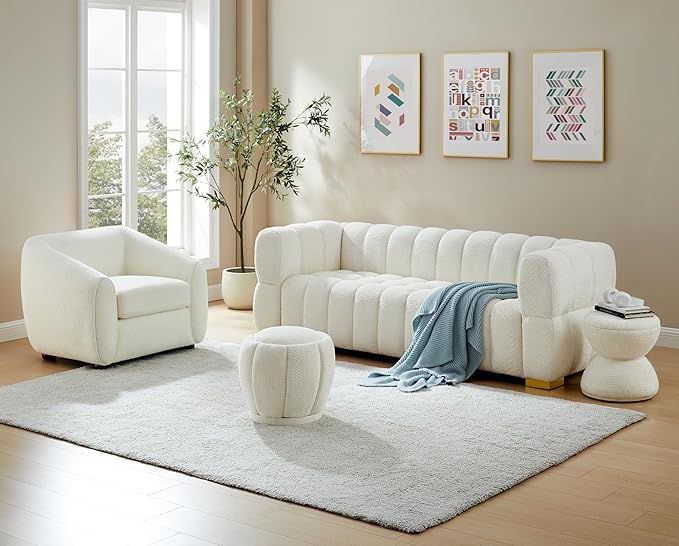 Modern Accent Chair for Living Room, Upholstered Armchair with Boucle Fabric, Single Sofa Chair with Solid Wood Legs, Boucle, White-Ruum Studio Home