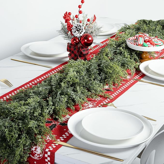 2 Pcs Christmas Norfolk Pine Garlands, 6 Ft Double Color Real Touch Artificial Cedar Garland, Faux Pine Cypress Greenery Garland Ornaments for Mantle Fireplace Table Indoor Outdoor Xmas Decoration-Ruum Studio Home