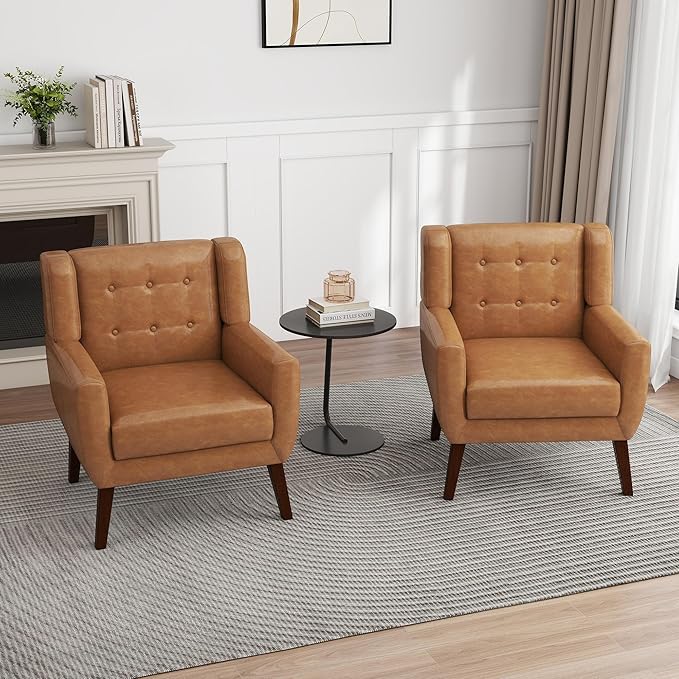 UIXE Faux Leather Accent Chair, Modern Arm Club Chair Upholstered Armchair for Living Room, Comfy Single Sofa Seats Button Tufted Reading Seating, Brown-Ruum Studio Home
