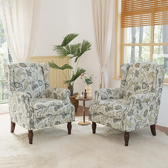 Lumibee Wingback Accent Chair,High Back Floral Armchairs in Fabric,Comfy Upholstered Reading Single Sofa Chair with Solid Wood Legs for Living Room,Bedroom,Office-Plants Beige-Ruum Studio Home