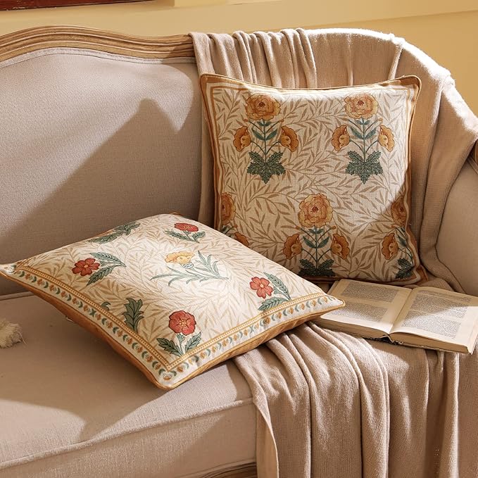 patdrea Designer Pack of 4 Throw Pillow Covers,Beige Vintage French Soft Linen Pillows Cover with Daisy Floral Pattern,Vintage Square Farmhouse Decorative Pillowcase for Couch,Bed,Living Room-Ruum Studio Home