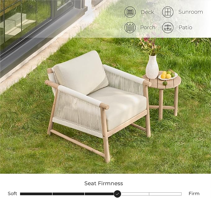 CHITA Boho Patio Rattan Chair, Outdoor Wicker Chair with 7.1″ Thickened Cushions Acacia Wood Frame(Cream)-Ruum Studio Home