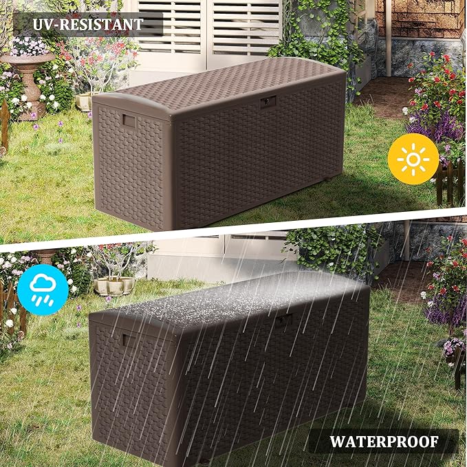 180 Pro Gallon Waterproof Outdoor Storage Bin Resin Deck Box for Patio, Poolside, and Garden, Lockable & UV-Resistant, Brown-Ruum Studio Home