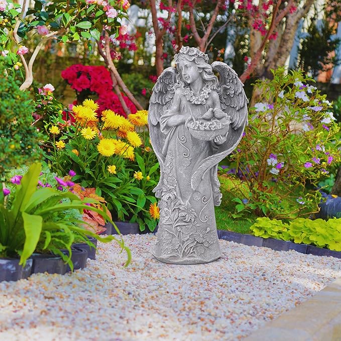 Outdoor Statues Angel Décor Garden Statue- 23.5" H Angel Statue,Resin Angel with Bird Figurine, Ideal for Yard, Patio, Deck, Home Entryway, and Hallway（Grey）-Ruum Studio Home