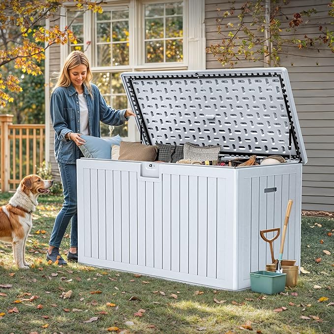 YITAHOME 200 Gallon Extra Large Deck Box, Double-Wall Resin Outdoor Storage Box with Flexible Divider for Patio Cushions Pool Supplies Garden Tools, 990 lbs Load Capacity, Lockable (White)-Ruum Studio Home