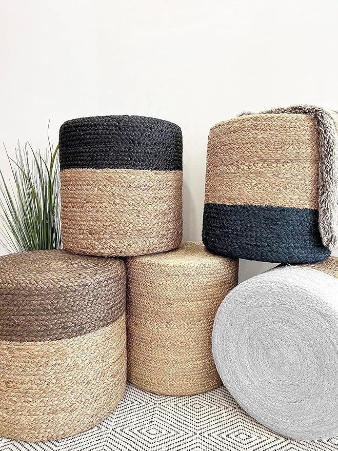 Jute Pouf Ottoman | Footrest Pouf | Hand Braided - Round Boho Pouffe - for Living Room, Bedroom, Nursery (16"x16"x16") Black-Ruum Studio Home