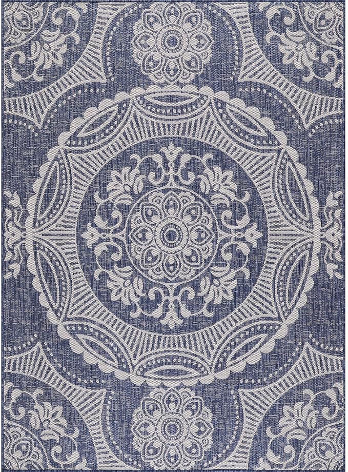 Medallion Outdoor Rug 6x9 Washable Outside Carpet for Indoor Patio Porch Waterproof Easy Cleaning Non Shedding Area Rugs Blue 6 x 9-Ruum Studio Home