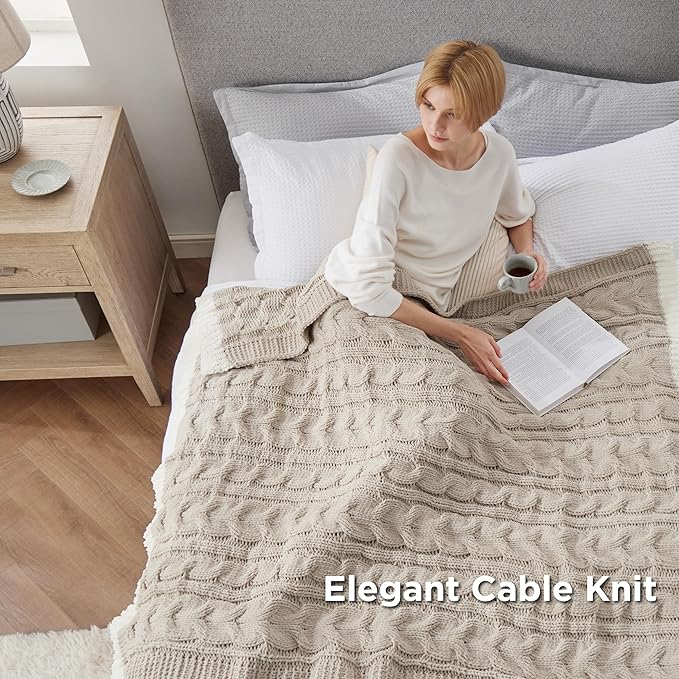 Bedsure Cable Knit Throw Blanket for Couch Bed - Breathable Chenille Chunky Knit Throw Blanket for Decorative Gift, GentleSoft Cozy and Warm for Winter and All Seasons, Beige, 50x60 Inches-Ruum Studio Home