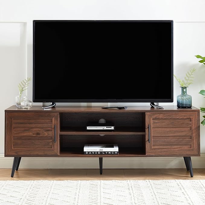 Mid Century Wooden TV Stand Entertainment Console with Open Shelving and 2 Cabinets for Televisions up to 65 Inches(Dark Walnut)-Ruum Studio Home